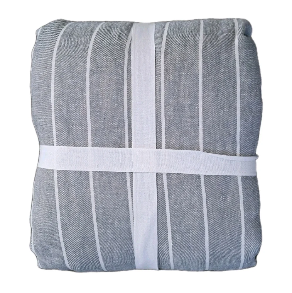 Pottery Barn Belgian Flax Linen Stripe Duvet Cover F/Q Gray NWT